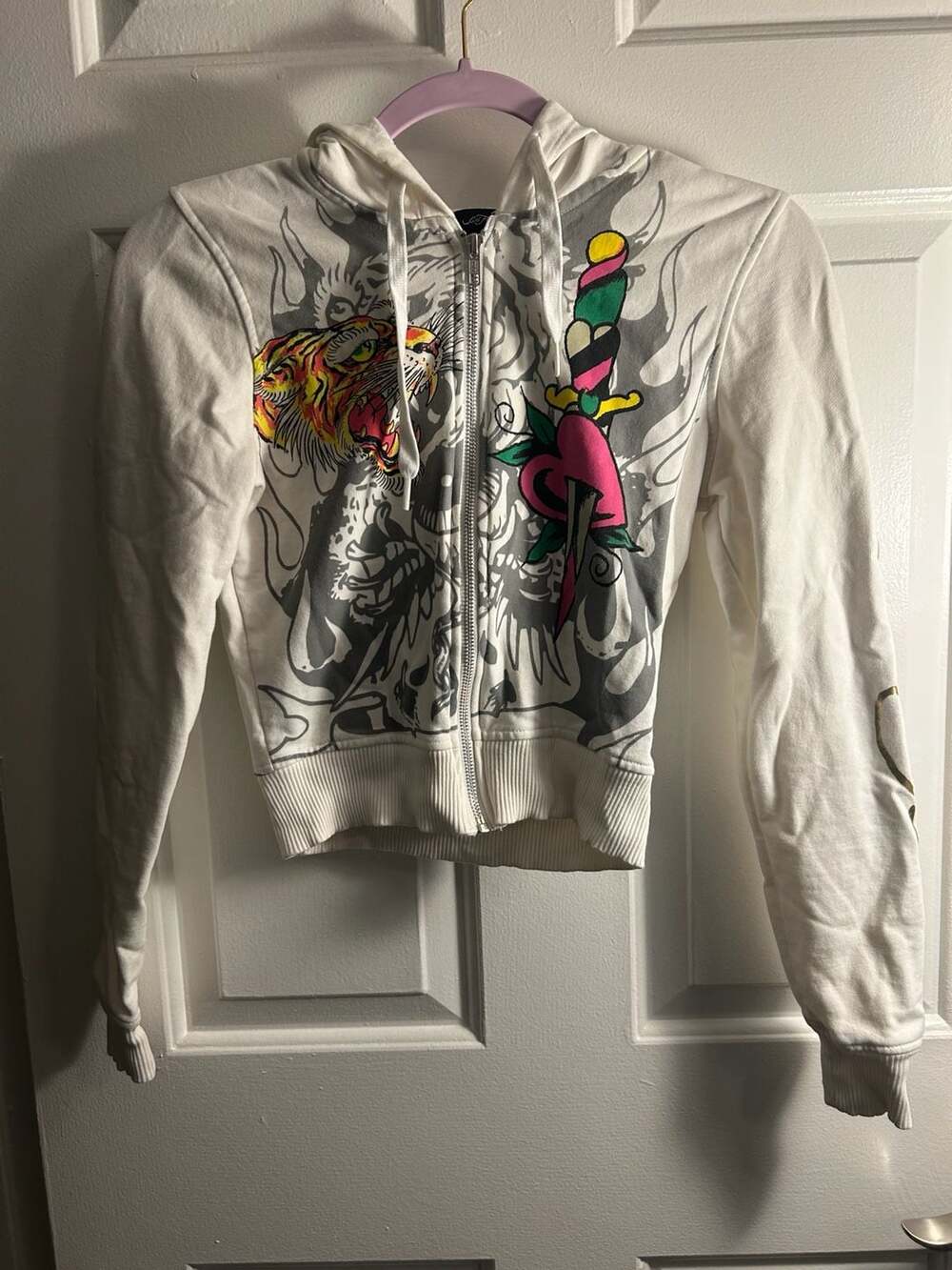 Ed Hardy Women's White Zip-Up Hoodie with Tiger and Dragon Graphic